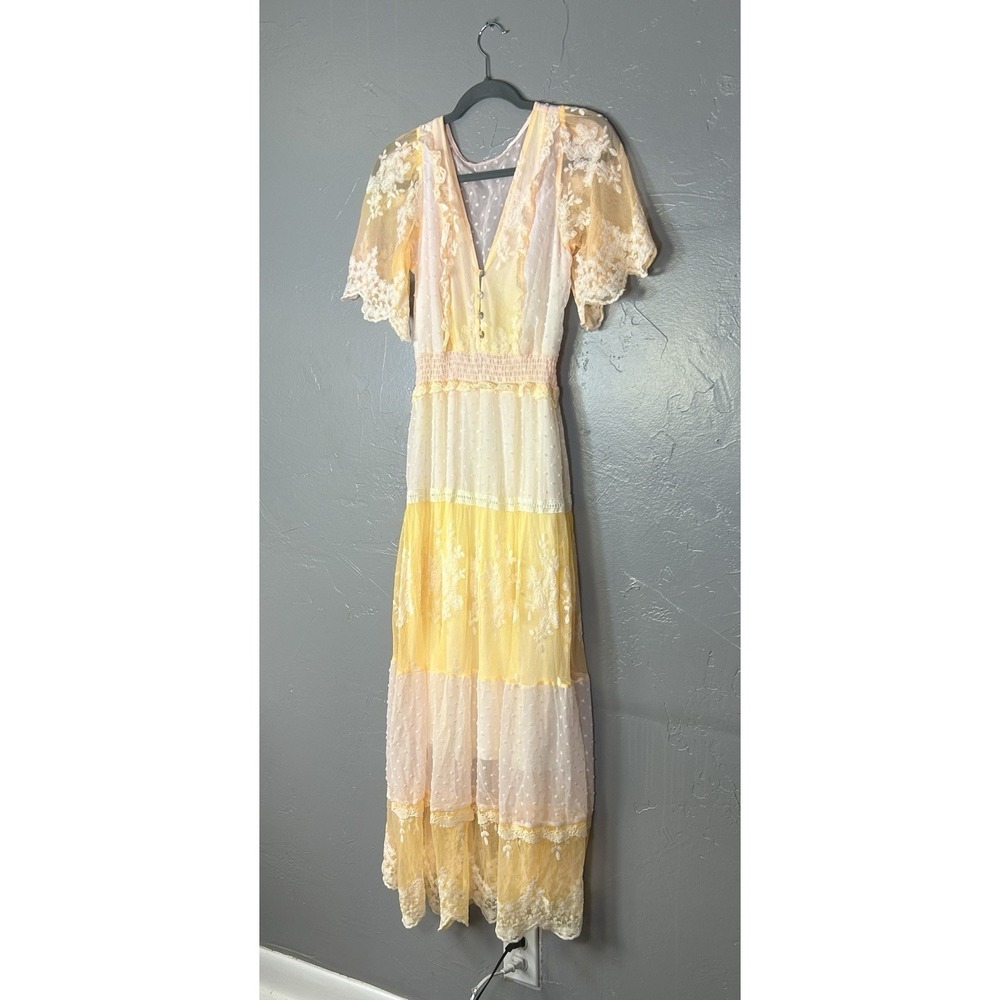 Yellow Pink Maxi Dress Polka Dots Floral Lace Smocked Waist Flutter Sleeve Small - Picture 2 of 10